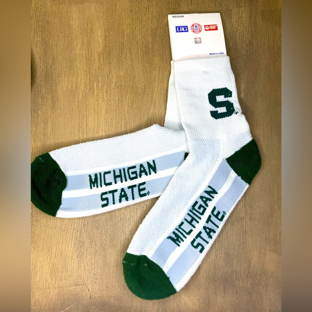 Michigan State University Spartan Logo Unisex Crew Sock White Green Size Medium